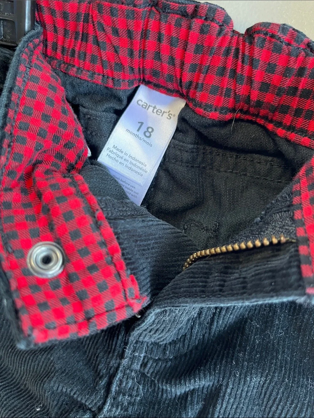 Carter's Black Corduroy Pants with Red Plaid Waistband